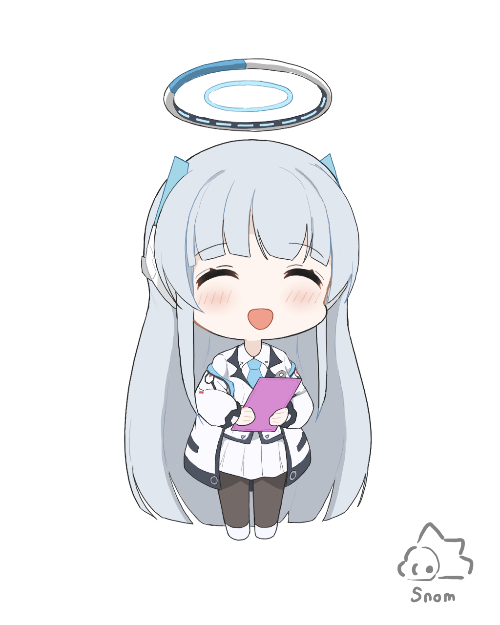 drawingsnom, noa (blue archive), blue archive, highres, 1girl, artist name, black pantyhose, blue halo, blue necktie, blunt bangs, chibi, clipboard, closed eyes, coat, collared shirt, facing viewer, grey hair, halo, headgear, holding, holding clipboard, jacket, long hair, long sleeves, mechanical halo, multicolored halo, necktie, off shoulder, open clothes, open coat, open mouth, pantyhose, pleated skirt, shirt, shoes, simple background, skirt, smile, solo, two-tone halo, very long hair, white background, white coat, white halo, white jacket, white shirt, white shoes, white skirt