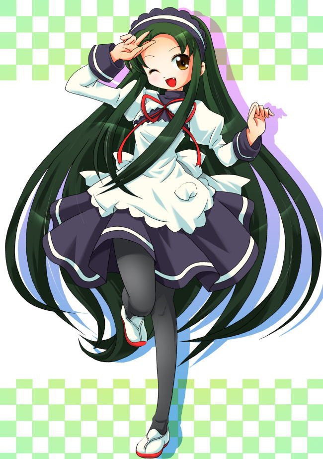 michii yuuki, tsuruya, suzumiya haruhi no yuuutsu, 00s, 1girl, apron, fang, female focus, full body, green hair, long hair, pantyhose, solo, standing, very long hair, waitress