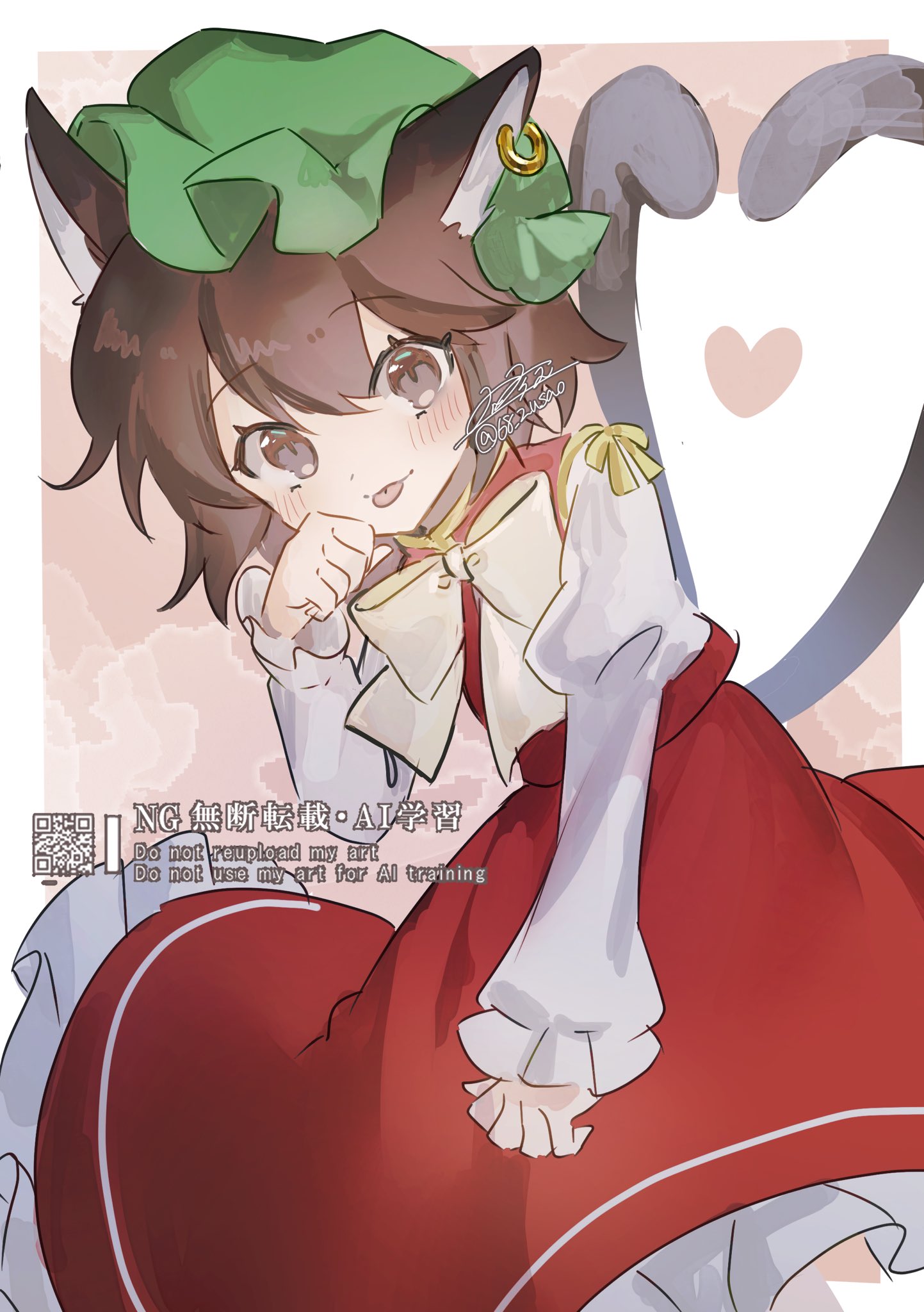 rokuya (68 zusao), chen, touhou, commentary request, highres, 1girl, :p, animal ear piercing, animal ears, bow, bowtie, brown eyes, brown hair, cat ears, cat tail, earrings, frills, hair between eyes, hat, heart, heart tail, jewelry, juliet sleeves, long sleeves, looking at viewer, mob cap, multiple tails, nekomata, paw pose, petticoat, puffy sleeves, red skirt, red vest, short hair, single earring, skirt, solo, tail, tongue, tongue out, two tails, vest, white bow, white bowtie
