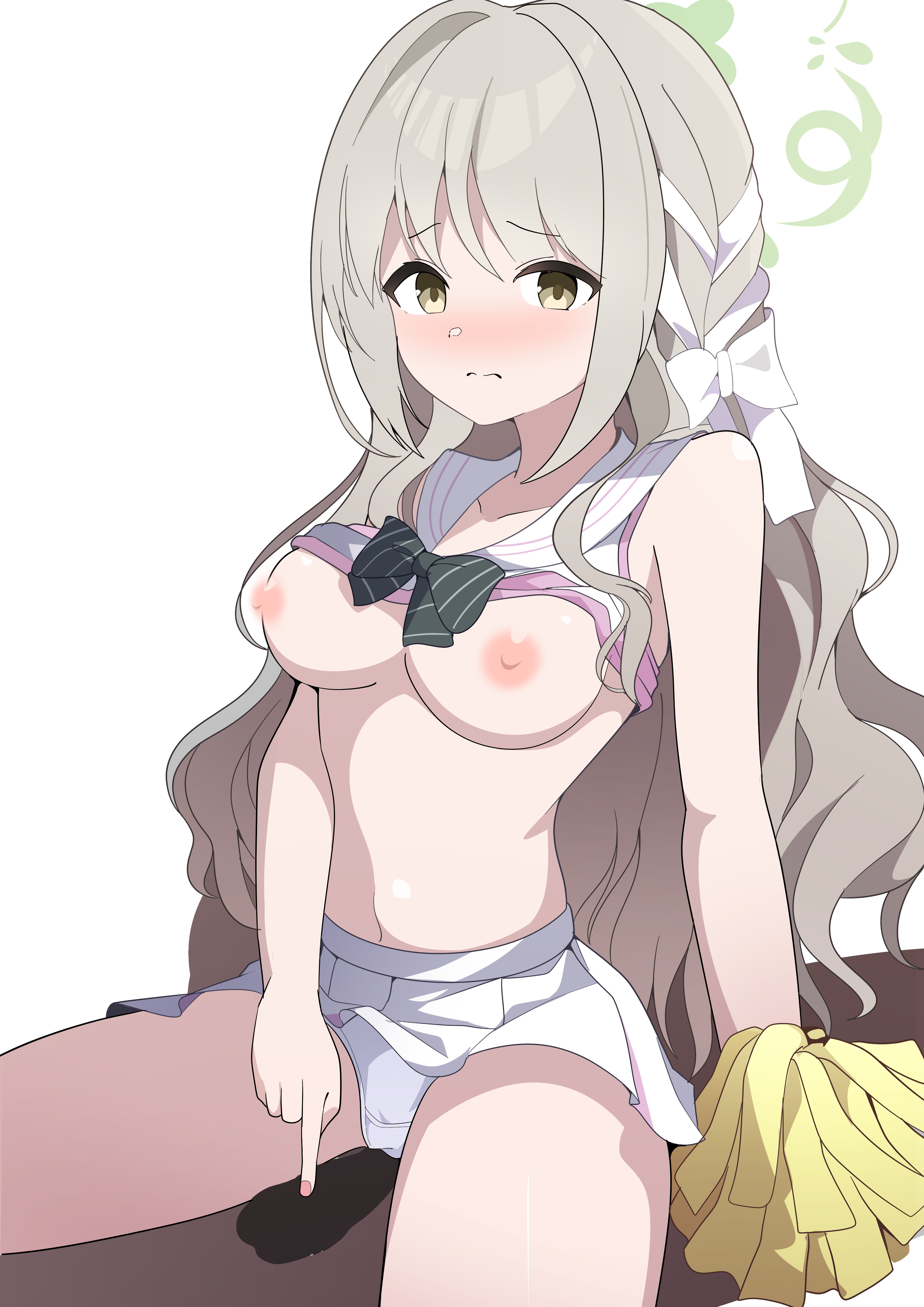 3kan noka, blue archive, absurdres, highres, 1boy, 1girl, blush, bow, bowtie, braid, breasts, censored, cheerleader, furrowed brow, girl on top, green halo, grey hair, grinding, hair bow, halo, handjob, holding, holding pom poms, long hair, miyo (blue archive), nipples, panties, penis, pom pom (cheerleading), pom poms, simple background, skirt, straddling, underwear, white background, white bow, white panties, white skirt