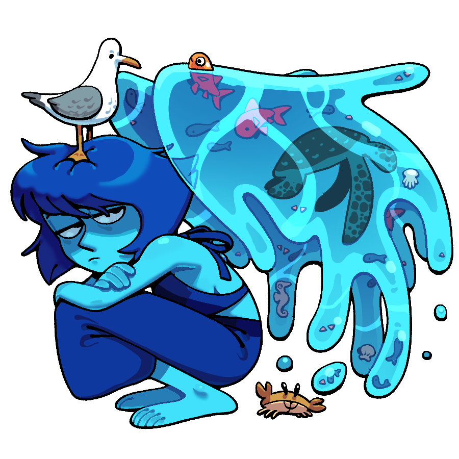 discount-supervillain, lapis lazuli (steven universe), steven universe, 1girl, backless shirt, bare shoulders, barefoot, bird, blue hair, blue skin, blue wings, breasts, closed mouth, colored skin, crab, crop top, deformed, elemental wings, fish, jitome, liquid wings, midriff, sea turtle, seagull, seahorse, short hair, sideboob, simple background, skirt, solo, turtle, water, water drop, water wings, wings
