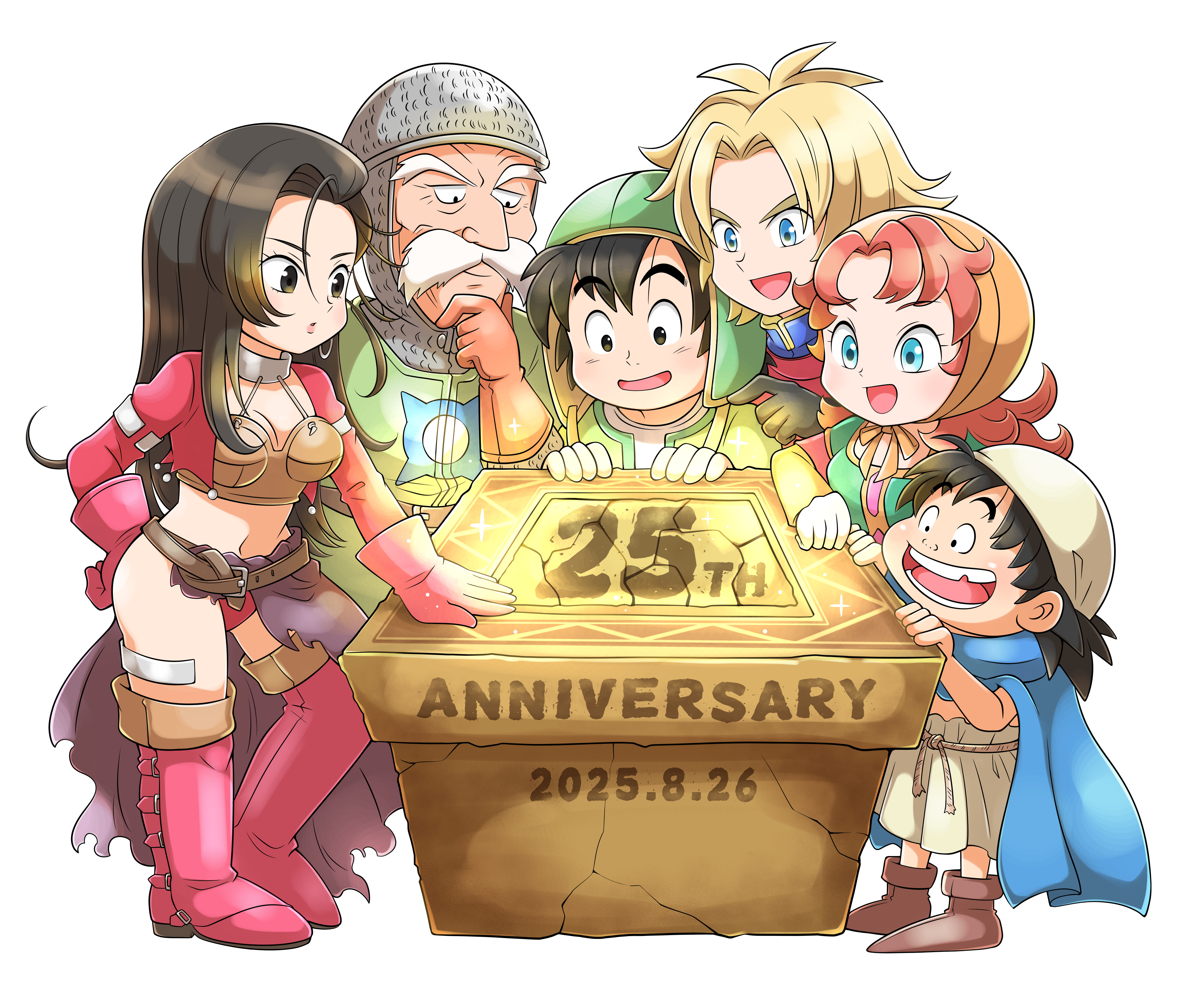 aogaeru (pixiv46613656), aira (dq7), gabo, hero (dq7), kiefer, maribel (dq7), sir mervyn, dragon quest, dragon quest vii, absurdres, commentary request, highres, 2025, 2girls, 4boys, :d, ancestor and descendant, anniversary, armor, black eyes, black hair, blonde hair, blue eyes, boots, breasts, brown bustier, bustier, chainmail, cleavage, coif, curly hair, dated, earrings, everyone, facial hair, gloves, green tabard, green tunic, hat flaps, hoop earrings, jacket, jewelry, long hair, multiple boys, multiple girls, mustache, navel, old, old man, open mouth, orange bonnet, orange gloves, orange hair, panties, red boots, red gloves, red jacket, red panties, red tunic, silver earrings, silver thighlet, smile, surcoat, tabard, thigh boots, thighlet, tunic, underwear, white background, white facial hair, white tunic