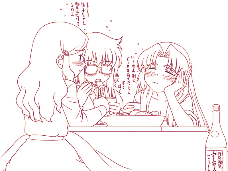 tofu juuji, asakura ryoko, kimidori emiri, nagato yuki, suzumiya haruhi no yuuutsu, translated, 00s, 3girls, alcohol, blush, closed eyes, eating, glasses, hair ornament, hairclip, kotatsu, long hair, monochrome, multiple girls, red theme, table, wine