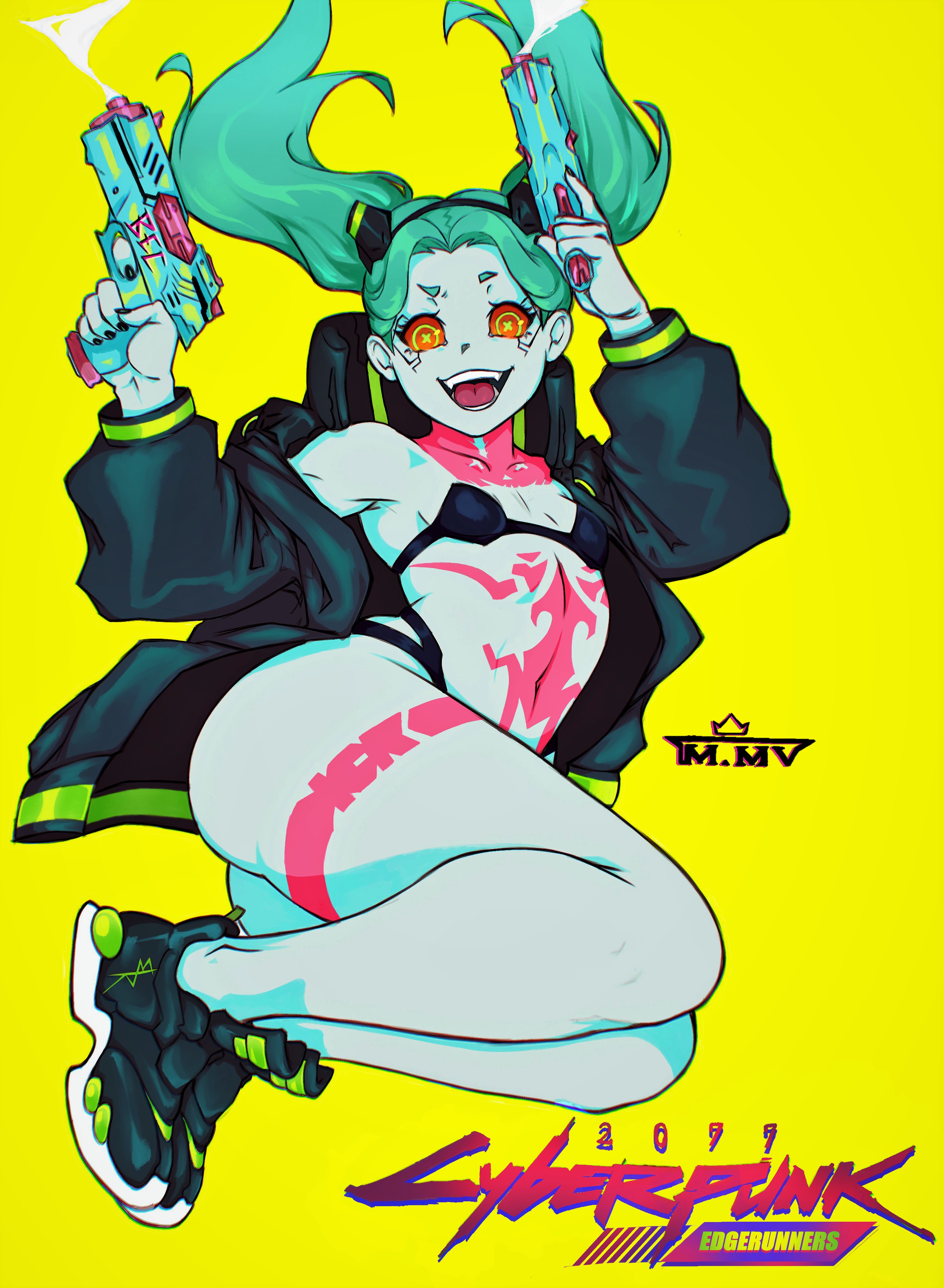 maleekmp, rebecca (cyberpunk), cyberpunk: edgerunners, cyberpunk (series), absurdres, commentary, english commentary, highres, 1girl, 2022, artist logo, ass, bare shoulders, black bra, black jacket, black nails, black panties, black shoes, body markings, bra, breasts, collarbone, colored sclera, colored skin, copyright name, cyborg, dual wielding, female focus, floating hair, full body, green hair, green trim, gun, handgun, happy, headgear, holding, holding gun, holding weapon, jacket, legs together, logo, long hair, long sleeves, looking at viewer, midair, off shoulder, open mouth, panties, parted bangs, pistol, red sclera, shoes, simple background, small breasts, smoke, sneakers, solo, string panties, symbol-shaped pupils, thick thighs, thighs, title, twintails, underwear, weapon, white skin, yellow background