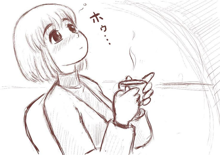 takatsu kokone, yokohama kaidashi kikou, tagme, 1girl, coffee, female focus, monochrome, solo, sound effects, sound effects only