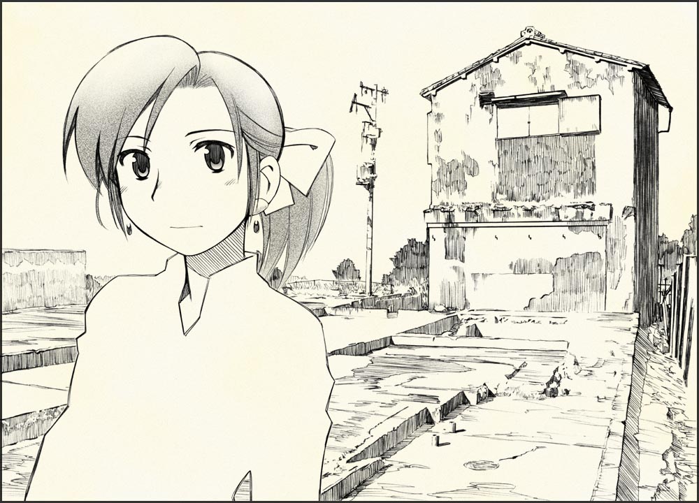 hatsuseno alpha, yokohama kaidashi kikou, tagme, 1girl, female focus, monochrome, ponytail, solo, yellow theme