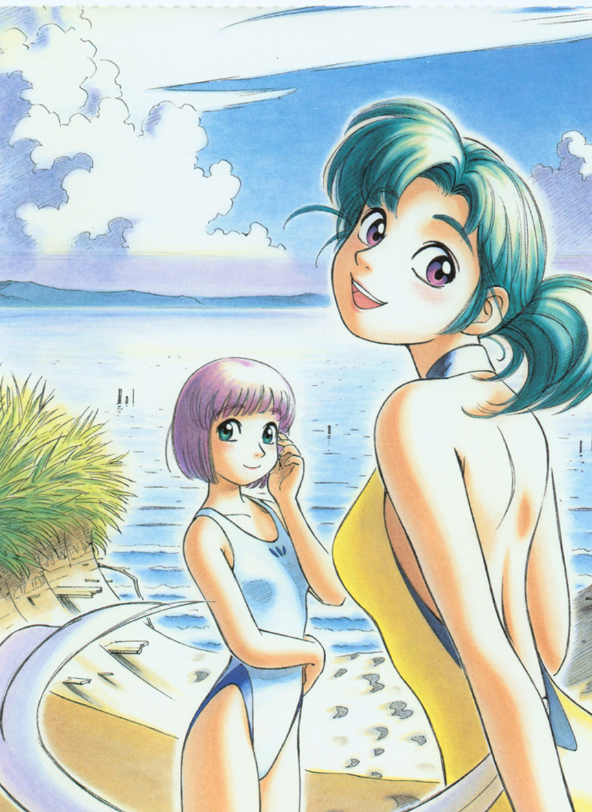 ashinano hitoshi, hatsuseno alpha, takatsu kokone, yokohama kaidashi kikou, 2girls, beach, competition swimsuit, day, green eyes, green hair, highleg, highleg one-piece swimsuit, multiple girls, one-piece swimsuit, outdoors, ponytail, purple eyes, purple hair, scenery, smile, swimsuit