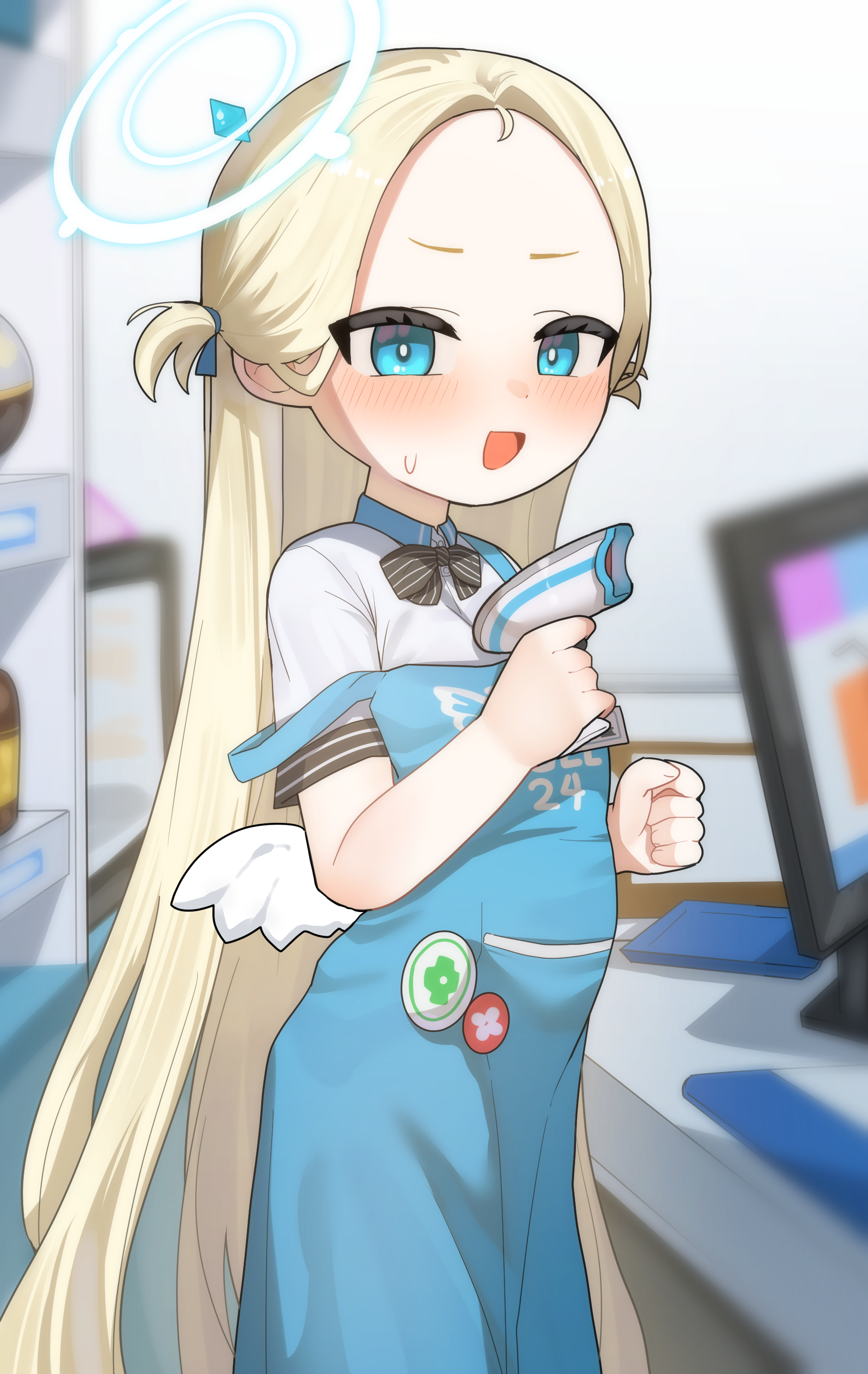 freehoney, sora (blue archive), blue archive, absurdres, commentary request, highres, paid reward available, 1girl, apron, blonde hair, blue apron, blue eyes, blush, forehead, halo, long hair, shirt, short sleeves, solo, white shirt, white wings, wings