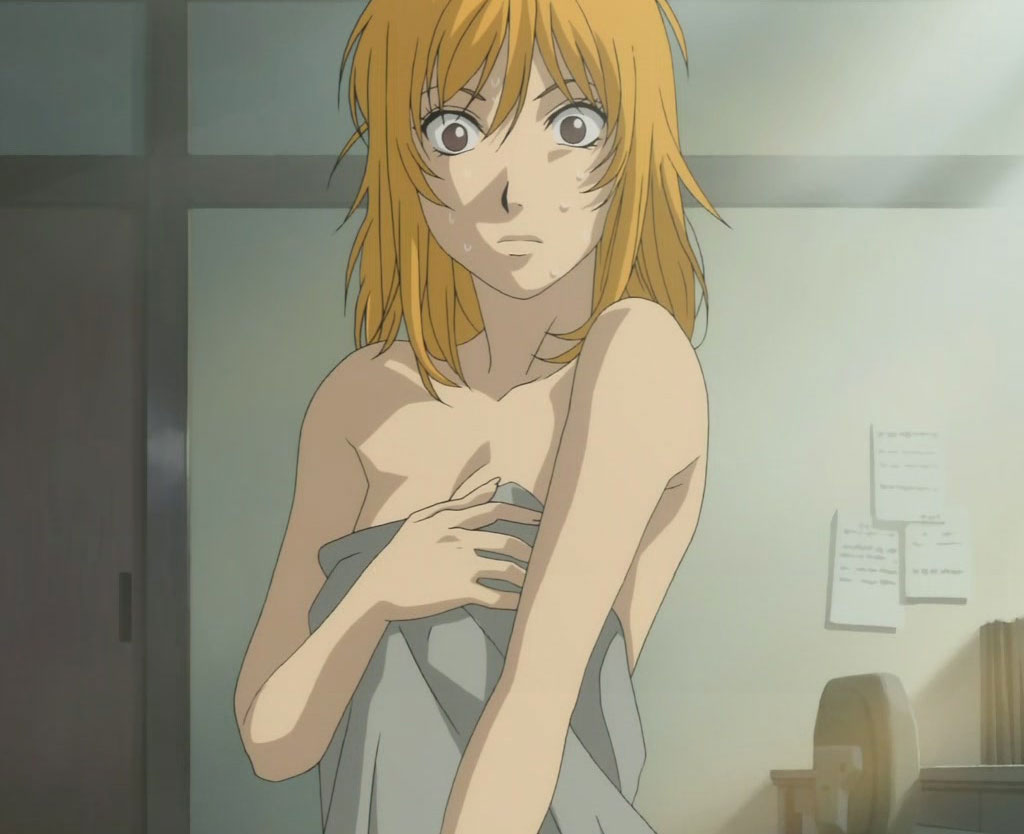 oikawa hazuki, moyashimon, anime screenshot, stitched, third-party edit, bare shoulders, bed sheet, covering privates, naked sheet, nervous, nude, nude cover, solo, sweat