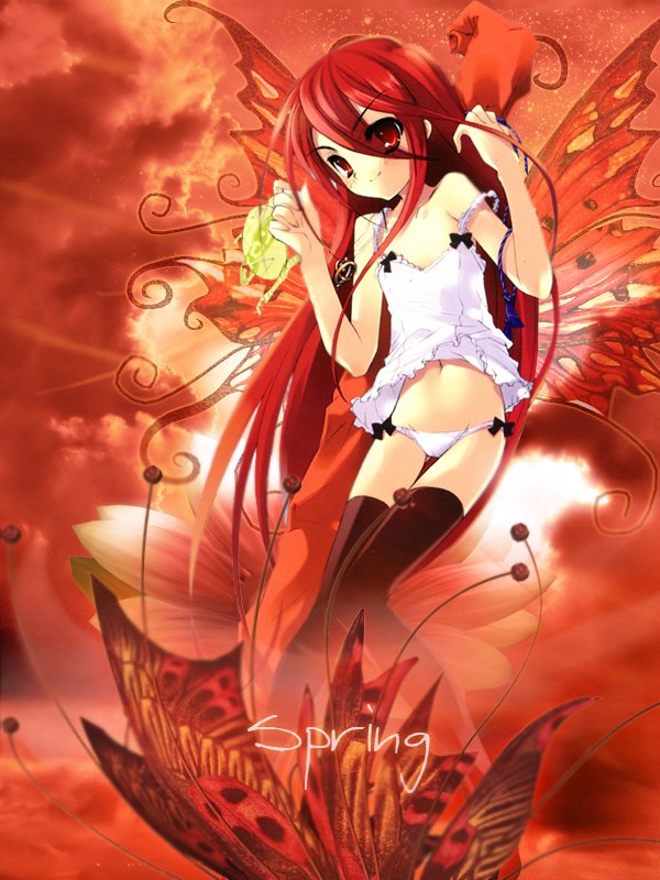 ito noizi, alastor (shakugan no shana), shana, shakugan no shana, third-party edit, 00s, 1girl, bread, bug, butterfly, butterfly wings, camisole, fairy, flat chest, flower, food, insect, insect wings, jewelry, loli, long hair, melon bread, panties, pendant, red eyes, red hair, spring (season), thighhighs, underwear, wings