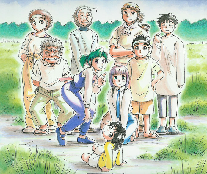 ashinano hitoshi, ayase (yokohama kaidashi kikou), hatsuseno alpha, makki, maruko maruko, ojisan, sensei (yokohama kaidashi kikou), shiba (yokohama kaidashi kikou), takahiro, takatsu kokone, yokohama kaidashi kikou, official art, traditional media, 4boys, 5girls, = =, everyone, green eyes, green hair, headband, multiple boys, multiple girls, necktie, purple eyes, purple hair