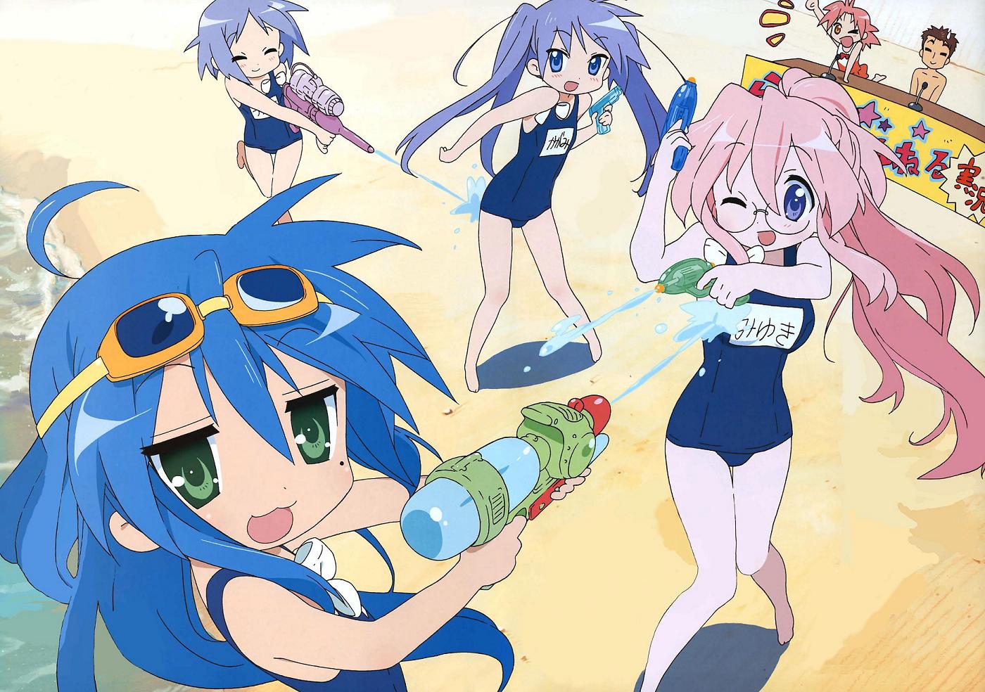 hiiragi kagami, hiiragi tsukasa, izumi konata, kogami akira, shiraishi minoru, takara miyuki, lucky star, jpeg artifacts, 00s, 1boy, 5girls, battle, beach, beach party, blue eyes, blue hair, closed eyes, flat chest, friends, glasses, goggles, green eyes, looking at viewer, mole, mole under eye, multiple girls, name tag, one-piece swimsuit, outdoors, party, pink hair, purple hair, school swimsuit, siblings, sisters, standing, swimsuit, twins, water, water gun
