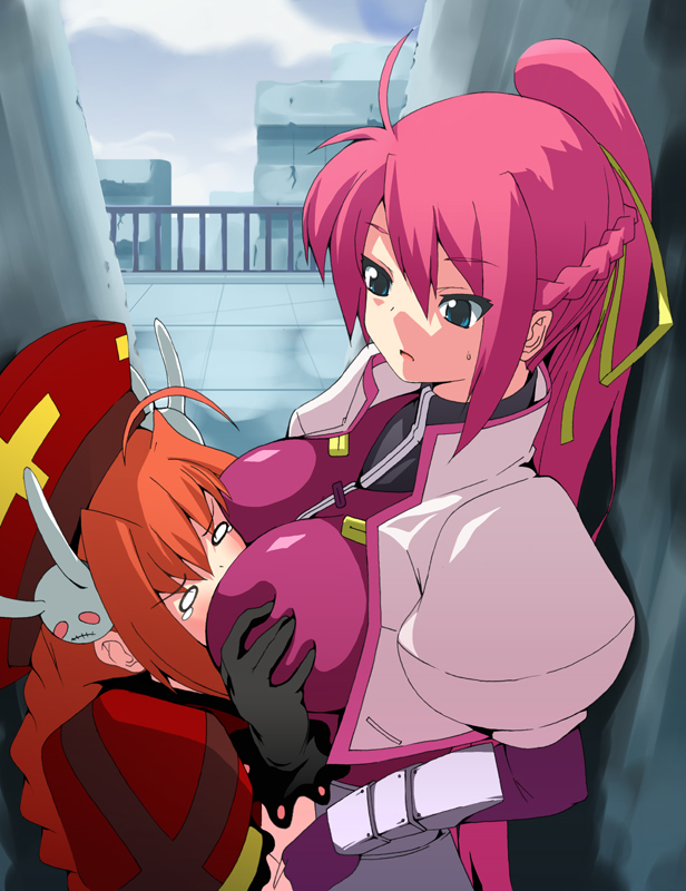 date (senpen), signum, vita (nanoha), lyrical nanoha, mahou shoujo lyrical nanoha, mahou shoujo lyrical nanoha a's, 00s, 2girls, breast smother, breasts, face to breasts, grabbing another's breast, groping, huge breasts, multiple girls, tears, yuri