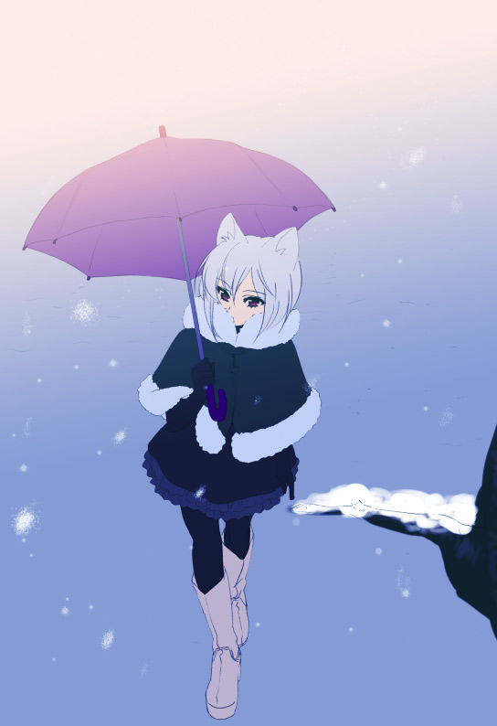 piyodera mucha, original, 1girl, animal ears, black pantyhose, boots, cat ears, coat, female focus, pantyhose, snow, solo, umbrella