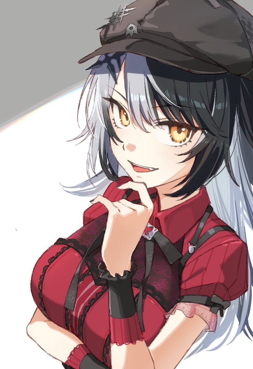 tugo, shiori novella, shiori novella (casual), hololive, hololive english, commentary request, highres, 1girl, arm under breasts, black hair, black hat, black nails, breasts, collared dress, deerstalker, dress, fingernails, grey hair, hair between eyes, hair ornament, hand up, hat, large breasts, long hair, looking at viewer, multicolored hair, nail polish, official alternate costume, open mouth, puffy short sleeves, puffy sleeves, red dress, short sleeves, smile, solo, split-color hair, two-tone hair, upper body, virtual youtuber, yellow eyes