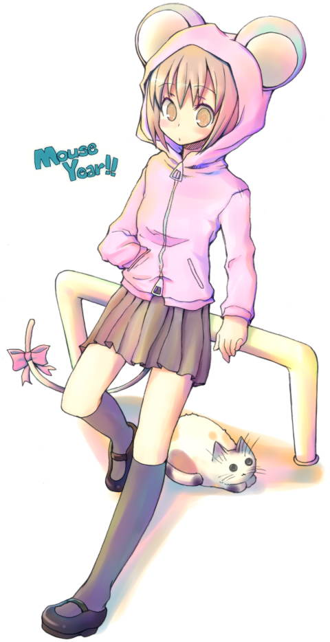 kimarin, 00s, 2008, animal ears, blonde hair, cat, hood, hoodie, kneehighs, mouse ears, short hair, skirt, socks, solo, yellow eyes