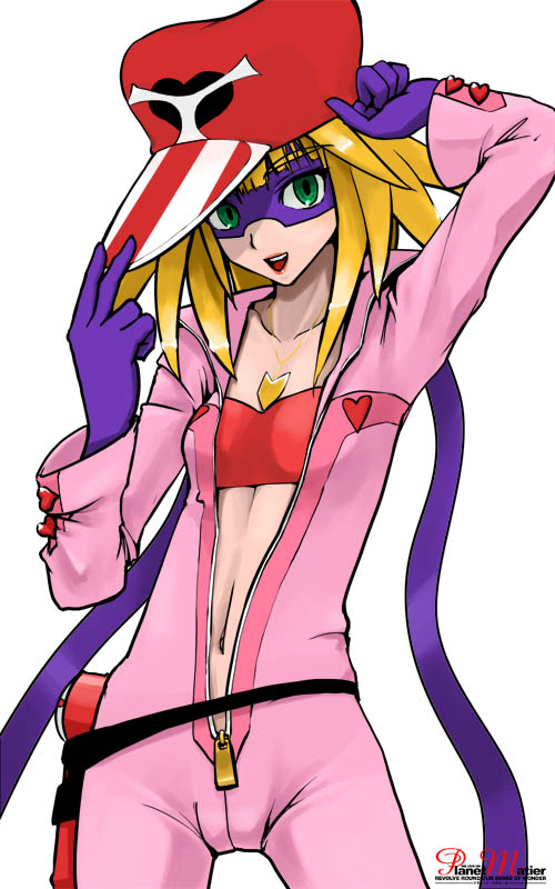 yamamoto canponi, ai-chan, kaminari ai, tatsunoko pro, tatsunoko production, time bokan (series), yatterman, 1girl, bandeau, belt, blonde hair, center opening, female focus, flat chest, gloves, green eyes, hat, heart, jewelry, mask, navel, necklace, solo, unzipped, utility belt