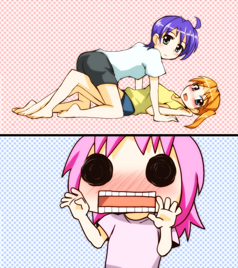caro ru lushe, subaru nakajima, teana lanster, hidamari sketch, lyrical nanoha, mahou shoujo lyrical nanoha, mahou shoujo lyrical nanoha strikers, 3girls, aoki ume (style), multiple girls, parody, style parody, walk-in, wide face, yuri