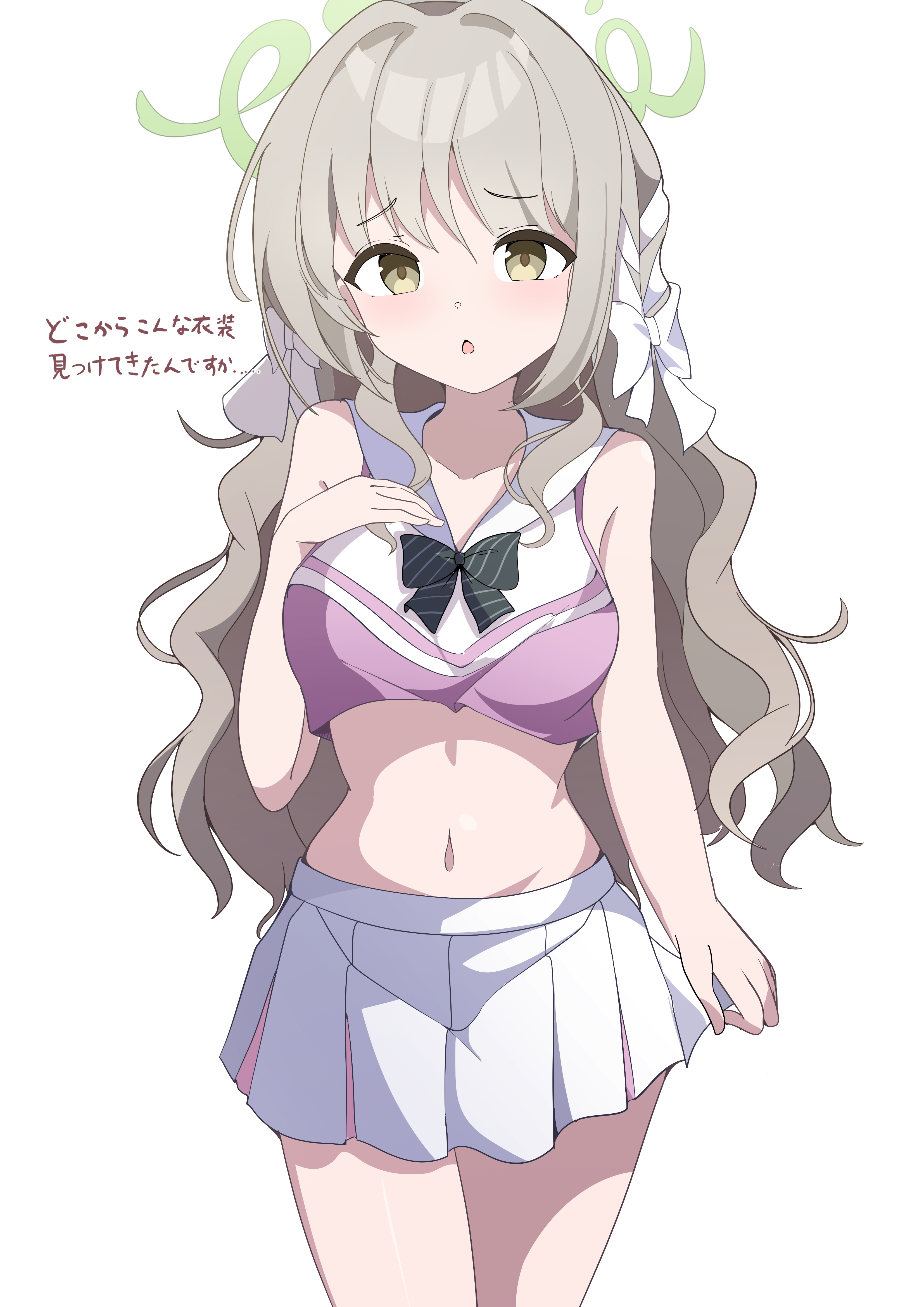3kan noka, blue archive, absurdres, highres, translation request, 1girl, bow, bowtie, braid, breast suppress, breasts, cheerleader, green halo, grey hair, hair bow, halo, long hair, miyo (blue archive), simple background, skirt, solo, white background, white bow, white skirt