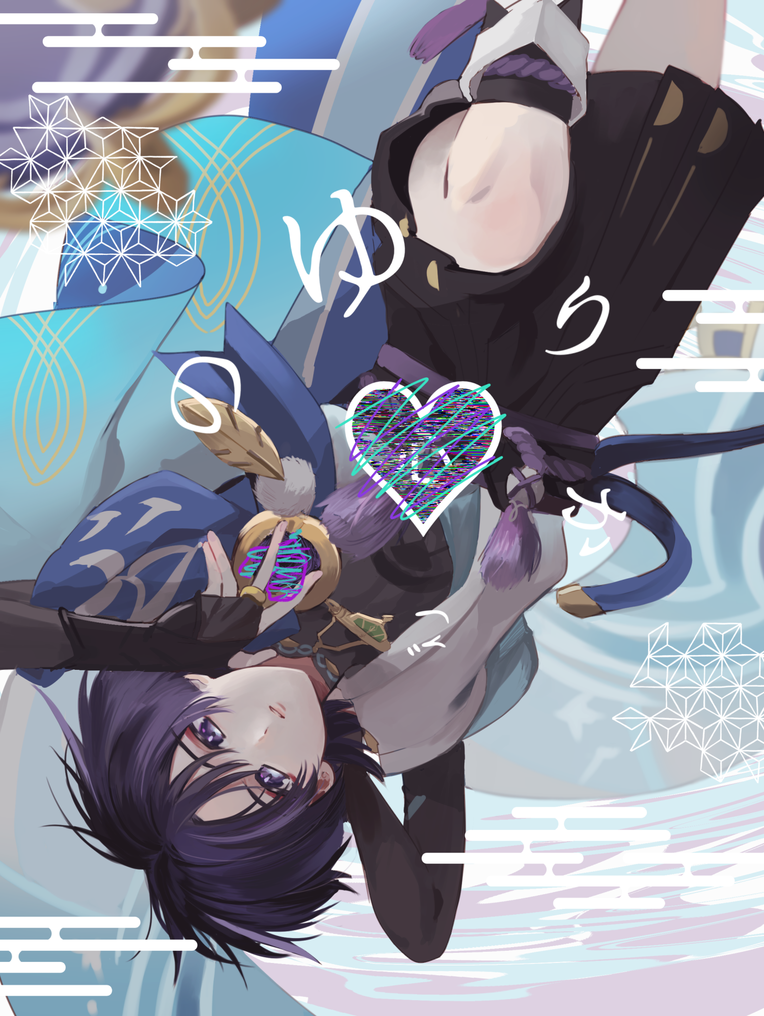 aomattya, scaramouche (genshin impact), wanderer (genshin impact), genshin impact, highres, 1boy, armor, asa no ha (pattern), belt, black belt, black bodysuit, black bridal gauntlets, black shorts, blue cape, blue kimono, blunt ends, bodysuit, bridal gauntlets, cape, cover, egasumi, eyeliner, eyeshadow, feathers, furisode, gold, gold ring, hakama, hakama shorts, hand on own chest, japanese armor, japanese clothes, juban, kimono, kote, kurokote, leg warmers, looking at viewer, makeup, male focus, mandarin collar, middle ring, open clothes, open kimono, parted lips, pleated shorts, pom pom (clothes), purple eyes, purple hair, purple rope, purple sash, red eyeliner, red eyeshadow, rope, sash, shorts, solo, upside-down, white kimono, white leg warmers, white mouth, white trim, wispy bangs, yellow feathers