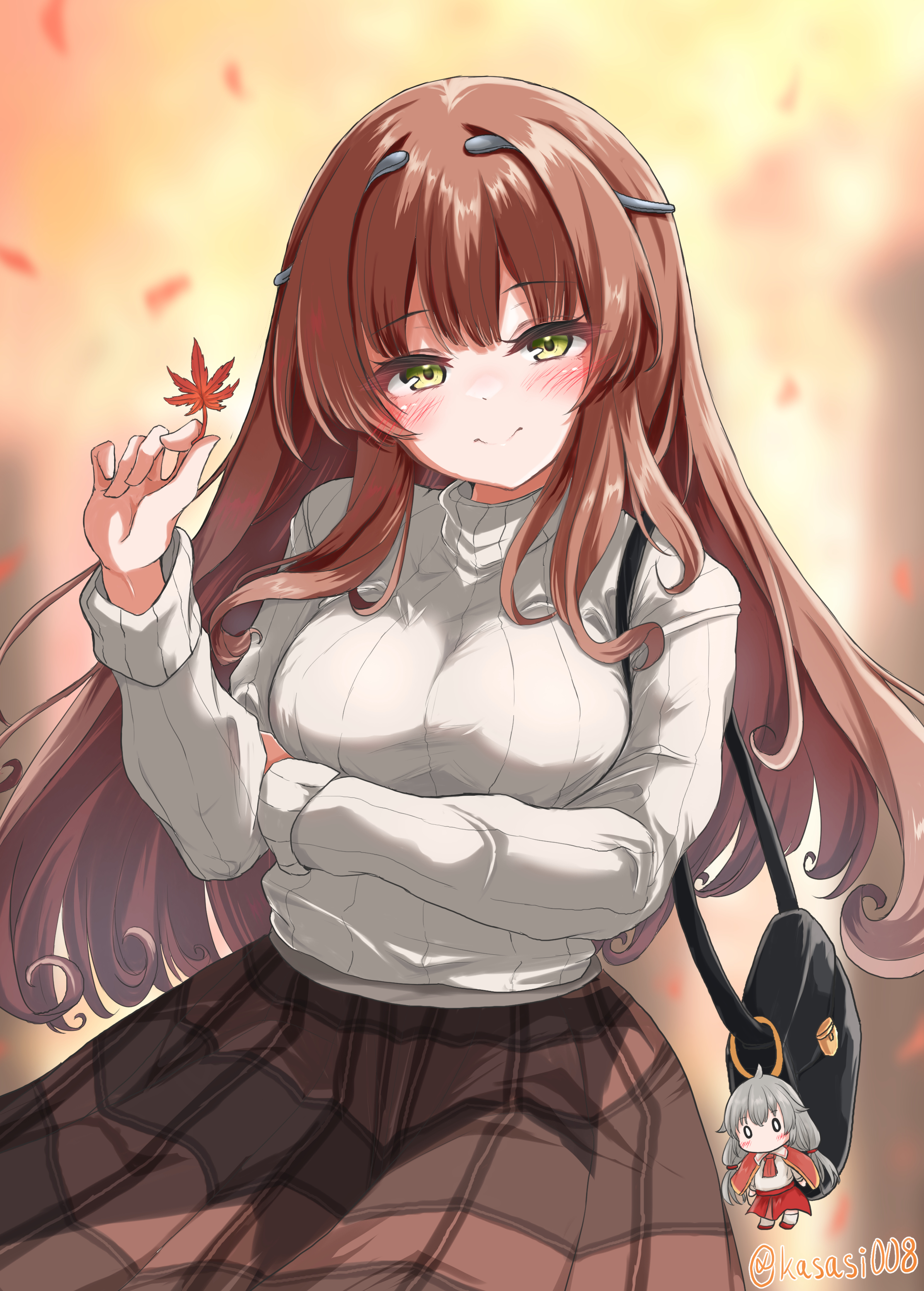 kasashi (kasasi008), helena (kancolle), mikura (kancolle), kantai collection, absurdres, highres, 1girl, alternate costume, autumn leaves, bag, breasts, brown hair, brown skirt, character doll, cowboy shot, doll, green eyes, headgear, leaf, long hair, medium breasts, plaid clothes, plaid skirt, skirt, solo, sweater, white sweater