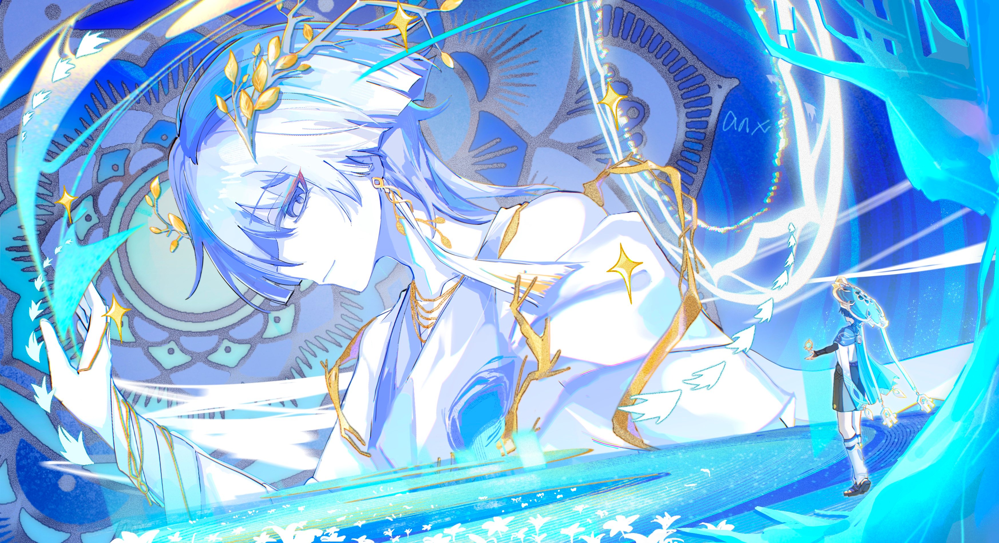 suyi42478390, scaramouche (genshin impact), wanderer (genshin impact), genshin impact, absurdres, highres, 2boys, armor, bird, black bridal gauntlets, black sandals, black shorts, blue cape, blue gemstone, blue hair, blue hat, blunt ends, bridal gauntlets, bridal legwear, cape, closed mouth, clothing cutout, colored skin, dual persona, earrings, eyeliner, eyeshadow, field, flower, flower field, furisode, gem, giant, gold, hand up, hat, irminsul, japanese armor, japanese clothes, jewelry, jingasa, kimono, kote, kurokote, leg warmers, looking at another, makeup, mandala, multicolored hair, multiple boys, open hand, purple eyes, purple hair, red eyeliner, red eyeshadow, robe, sandals, shorts, shoulder cutout, smile, stirrup legwear, streaked hair, tassel, tassel earrings, toeless legwear, tsurime, vision (genshin impact), white flower, white hair, white kimono, white leg warmers, white skin, white trim, zouri