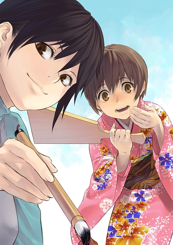 shimotsuki eight, 1boy, 1girl, brown eyes, brown hair, calligraphy brush, floral print, hagoita, hanetsuki, japanese clothes, kimono, looking at viewer, new year, paddle, paintbrush, yukata