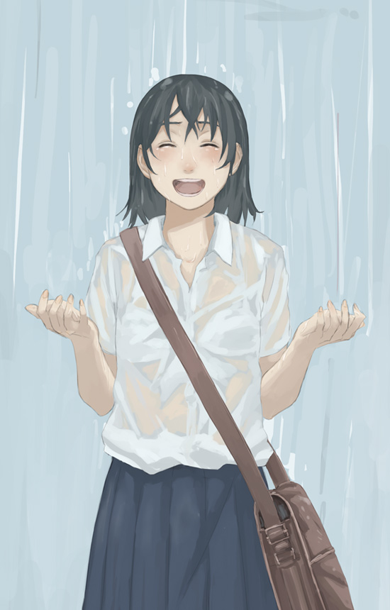 takamichi, tamaru tokihiko, original, 1girl, female focus, rain, school uniform, serafuku, solo, wet, wet clothes