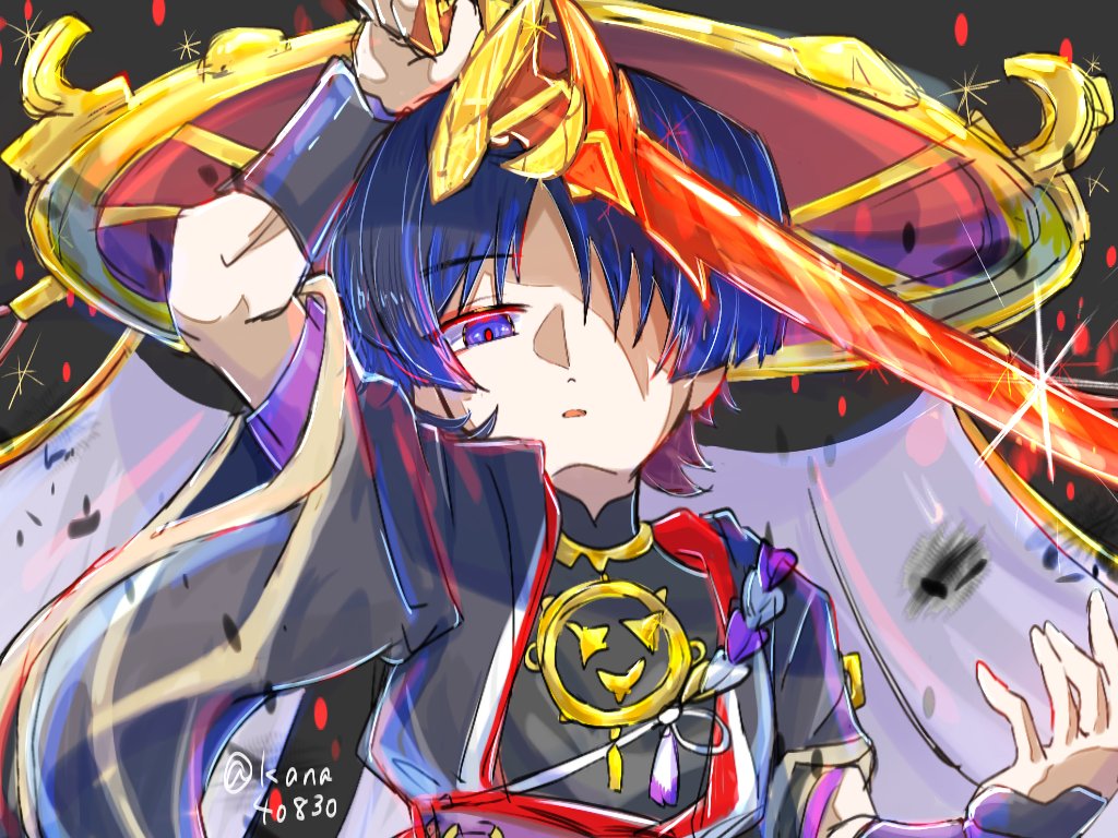 scaramouche (genshin impact), genshin impact, 1boy, arm up, armor, black background, black bodysuit, black sleeves, blunt ends, bodysuit, furisode, gold, gold trim, hair over one eye, hand up, hat, holding, holding weapon, japanese armor, japanese clothes, jingasa, kana40830, kimono, kote, kurokote, layered sleeves, looking at viewer, male focus, mandarin collar, mitsudomoe (shape), o-ring, open hand, open mouth, partially shaded face, purple eyes, purple hair, purple rope, purple sash, purple sleeves, red hat, red pupils, red sash, rope, sash, shimenawa, short sleeves, sketch, solo, sword, tassel, tomoe (symbol), tsurime, twitter username, upper body, veil, weapon, white rope, white veil, wispy bangs