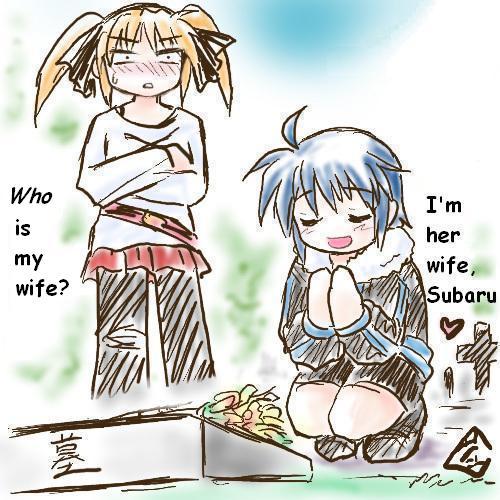 chanomi douji, subaru nakajima, teana lanster, lyrical nanoha, mahou shoujo lyrical nanoha, mahou shoujo lyrical nanoha strikers, hard-translated, lowres, third-party edit, translated, 00s, blush, praying