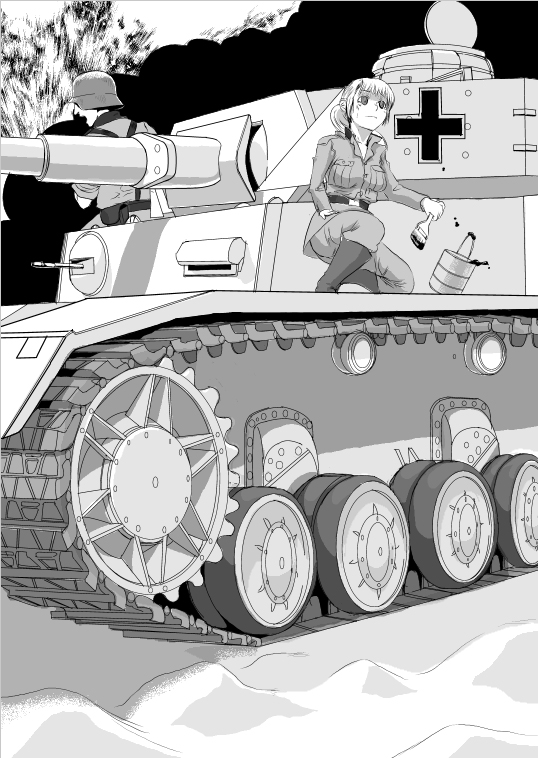 sasaki toshiyuki, original, vehicle, 1boy, 1girl, balkenkreuz, caterpillar tracks, combat helmet, cross, greyscale, gun, helmet, machine gun, mg 42, military, military vehicle, monochrome, motor vehicle, panzer iv, stahlhelm, tank, weapon, wehrmacht, world war ii