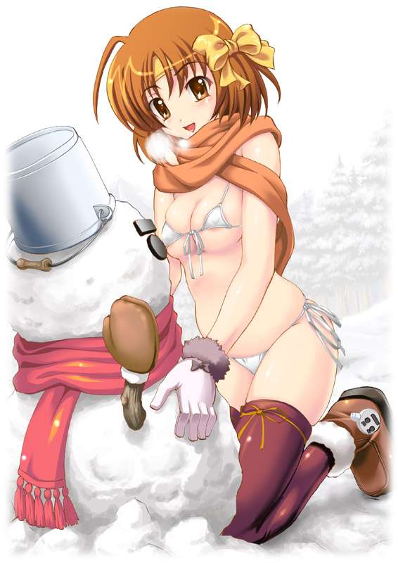 shiruko (inosin), original, 1girl, bikini, bow, breath, bucket, female focus, gloves, hair bow, micro bikini, orange scarf, red scarf, scarf, side-tie bikini bottom, snowman, solo, swimsuit, thighhighs, white bikini