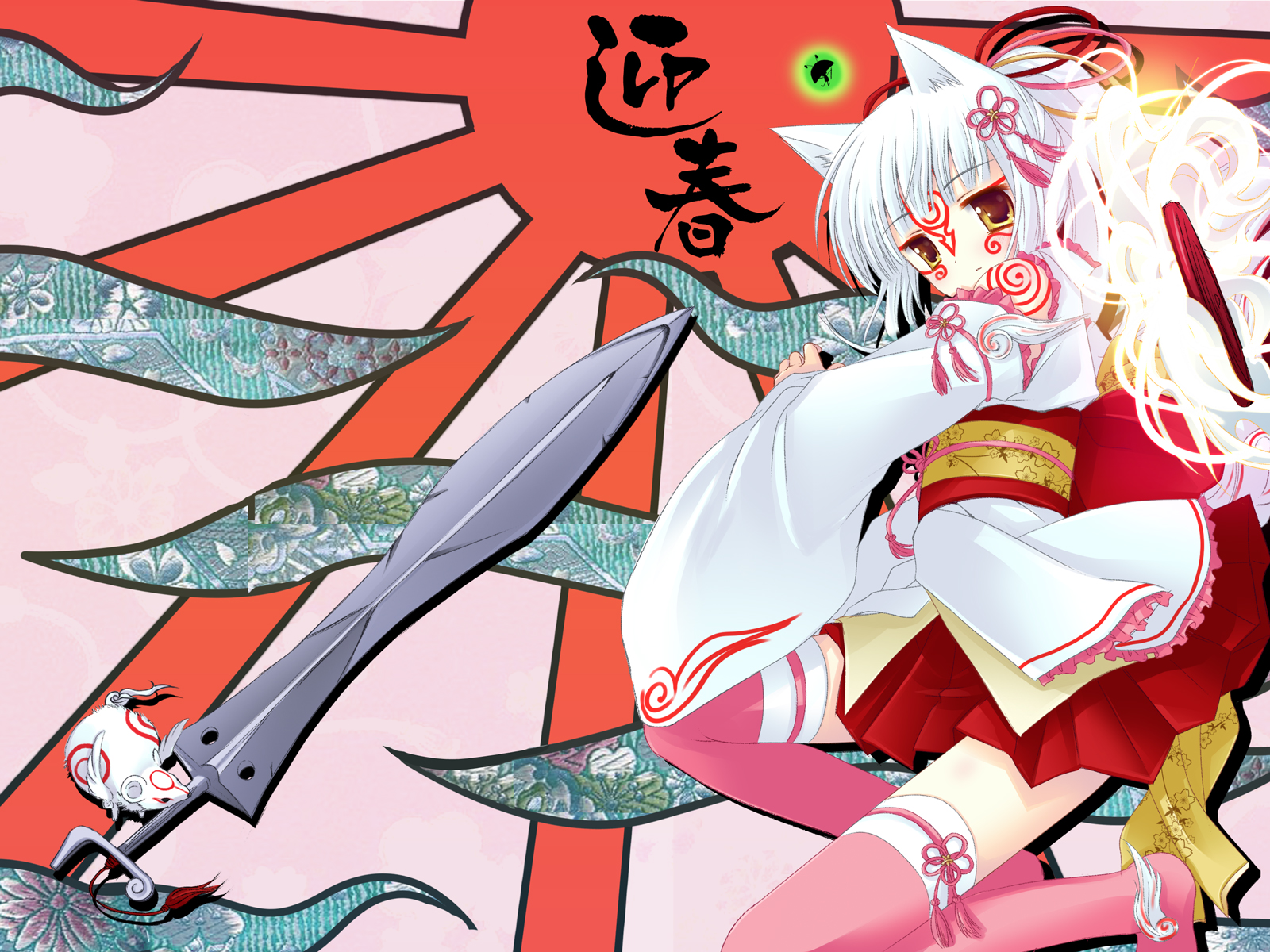 natsume eri, amaterasu (ookami), issun, tachigami, ookami (game), highres, 1girl, animal ears, japanese clothes, kimono, kimono skirt, personification, thighhighs, wolf ears, zettai ryouiki