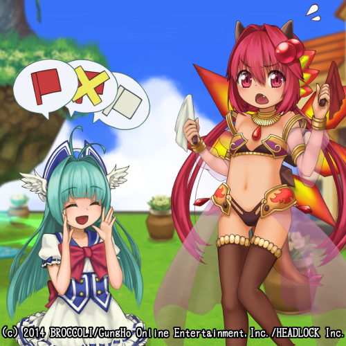 salamander alma, emil chronicle online, gold armlet, lowres, official art, 2girls, 6ichi, ^ ^, antenna hair, black bra, black pants, blue corset, blue hat, blue sky, bra, brown thighhighs, closed eyes, company name, copyright name, copyright notice, corset, fairy wings, fang, flag, flat chest, fly fish alma, flying sweatdrops, frilled skirt, frills, garden, gold choker, gold wrist cuffs, green hair, hair ornament, hat, head wings, holding, holding flag, long hair, low twintails, multiple girls, neck ribbon, pants, red eyes, red flag, red hair, red ribbon, red wings, ribbon, sailor collar, see-through clothes, see-through skirt, see-through sleeves, skirt, sky, spoken object, thighhighs, twintails, underwear, white flag, white skirt, white wings, wings