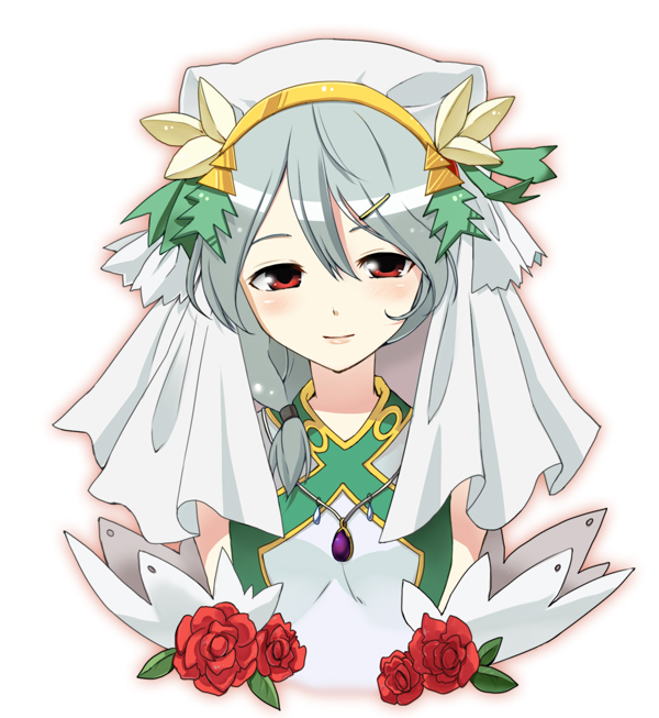 sazame, dorothy (rune factory), rune factory, rune factory 2, silver hair, 1girl, blush, female focus, flower, gem, hair ornament, hairclip, jewelry, long hair, looking at viewer, necklace, pendant, red eyes, red flower, red rose, rose, simple background, solo, veil, white background