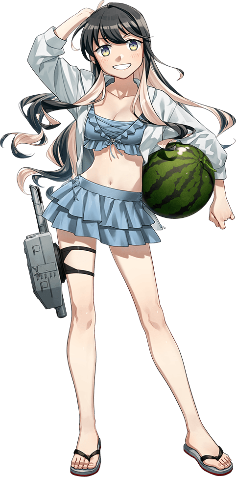 fujikawa, naganami (kancolle), kantai collection, official art, second-party source, 1girl, bikini, bikini skirt, black hair, blue bikini, braid, breasts, cleavage, fang, full body, hood, hooded jacket, jacket, large breasts, long hair, looking at viewer, multicolored hair, naganami (swimsuit) (kancolle), one eye closed, open mouth, pink hair, sandals, smile, solo, swimsuit, thigh strap, torpedo tubes, transparent background, two-tone hair, wavy hair, white jacket, yellow eyes