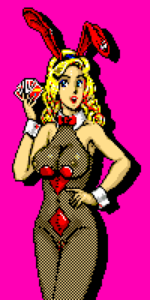 saiwai hiroshi, solitaire royale, 1girl, animal ears, blonde hair, blue eyes, bodystocking, bow, bowtie, breasts, bunny day, bunny sevens day, card, diamond (shape), fake animal ears, hand on own hip, heart, holding, holding card, large breasts, leotard, long hair, looking at viewer, navel, nipples, open mouth, pink background, pixel art, playboy bunny, playing card, pussy, rabbit ears, red bow, red bowtie, red lips, smile, standing, teeth, wrist cuffs