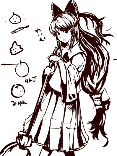 hakurei reimu, touhou, 1girl, broom, female focus, long hair, low-tied long hair, monochrome, skirt, solo, white background
