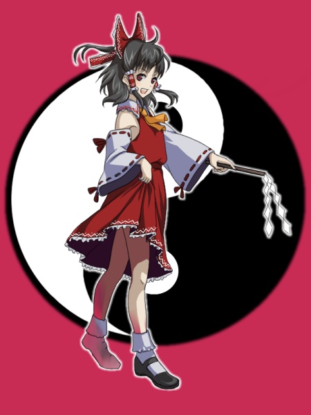hakurei reimu, imperishable night, touhou, 1girl, ascot, bare shoulders, bow, brown eyes, brown hair, detached sleeves, female focus, full body, gohei, hair bow, hair tubes, long sleeves, looking at viewer, mary janes, ponytail, red bow, red skirt, ribbon-trimmed legwear, ribbon trim, shoes, short hair, sidelocks, skirt, socks, solo, standing, stick, vest, white socks, yin yang