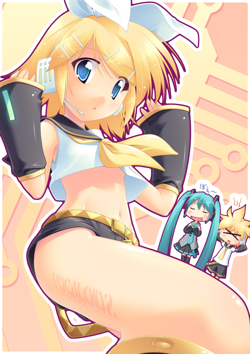 simk, yamabuki zarame, hatsune miku, kagamine len, kagamine rin, vocaloid, > <, 00s, 1boy, 2girls, :d, :o, ^^^, aqua hair, arms up, bad singing, belt, black socks, blonde hair, blue eyes, blush, body writing, breasts, chibi, closed eyes, copyright name, crop top, detached sleeves, dutch angle, flat chest, foreshortening, from below, hair ornament, hair ribbon, hairclip, hands on headphones, hands on own chest, headphones, headset, kneehighs, long hair, looking at viewer, midriff, multiple girls, navel, necktie, no bra, open mouth, pleated skirt, ribbon, school uniform, serafuku, shirt, short hair, short shorts, shorts, skirt, small breasts, smile, socks, spiked hair, spiral, square-end necktie, standing, surprised, swept bangs, tattoo, thighhighs, thighs, triangle mouth, underboob, upshirt, very long hair, zettai ryouiki