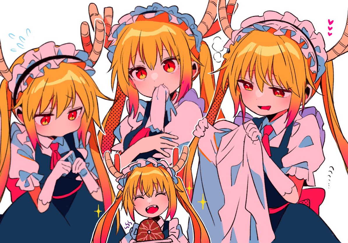 sanamaru (sana79261827), tohru (maidragon), kobayashi-san chi no maidragon, 1girl, black dress, blonde hair, closed eyes, dragon girl, dragon horns, dragon tail, dress, gloves, hair between eyes, horns, long hair, mouth hold, multiple views, open mouth, red eyes, simple background, smile, solo, sparkle, tail, teeth, upper body, upper teeth only, white background, white gloves