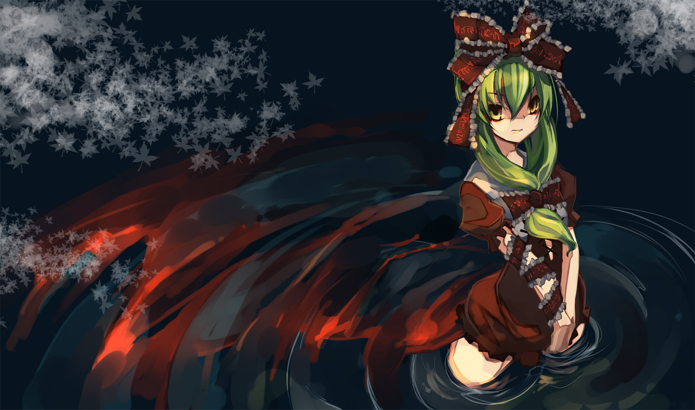 shimadoriru, kagiyama hina, touhou, 1girl, bow, female focus, front ponytail, green eyes, green hair, hair bow, matching hair/eyes, ribbon, ripples, shaded face, solo, submerged, wading, water