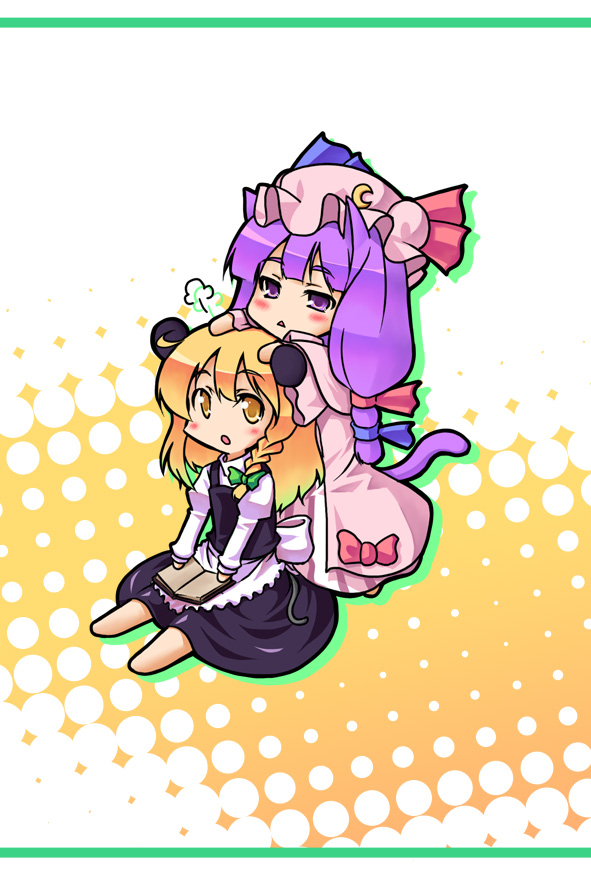 a utopia, hirase yuu, kirisame marisa, patchouli knowledge, touhou, 2girls, animal ears, blonde hair, book, bow, cat ears, cat girl, cat tail, chibi, female focus, mouse ears, multiple girls, pink bow, tail
