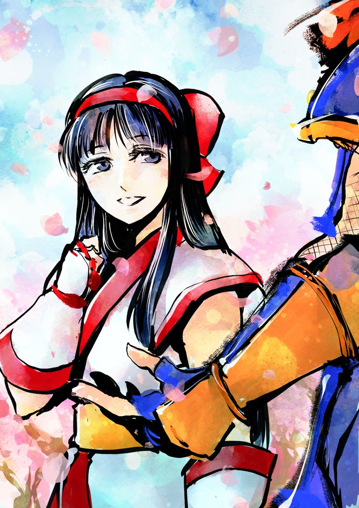 galford d weller, nakoruru, samurai spirits, snk, highres, 1girl, ainu clothes, blue eyes, blue hair, cherry blossoms, fingerless gloves, gloves, hair ribbon, head out of frame, height difference, japanese clothes, long hair, ninja, parted lips, ribbon, scarf, smile, teeth
