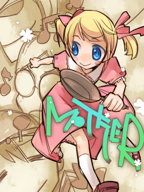 cosmic chicken, inuinui, ana (mother), lloyd (mother), teddy (mother), mother (series), mother 1, nintendo, 1boy, 1girl, blonde hair, blue eyes, blush stickers, clover, dress, four-leaf clover, frying pan, hair ribbon, musical note, quaver, ribbon, smile, twintails