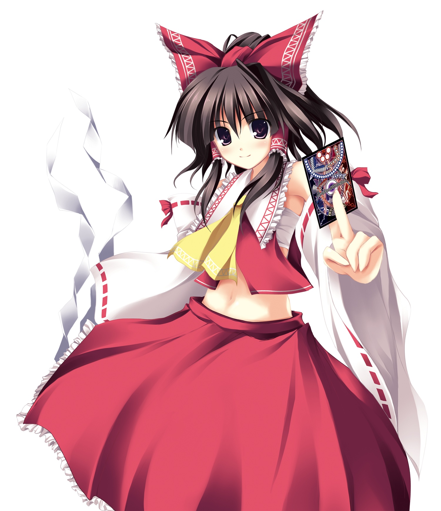 tateha (marvelous grace), hakurei reimu, touhou, highres, non-web source, 1girl, brown eyes, brown hair, card, detached sleeves, female focus, gohei, hair ribbon, holding, holding card, japanese clothes, midriff, miko, navel, ponytail, ribbon, solo, spell card