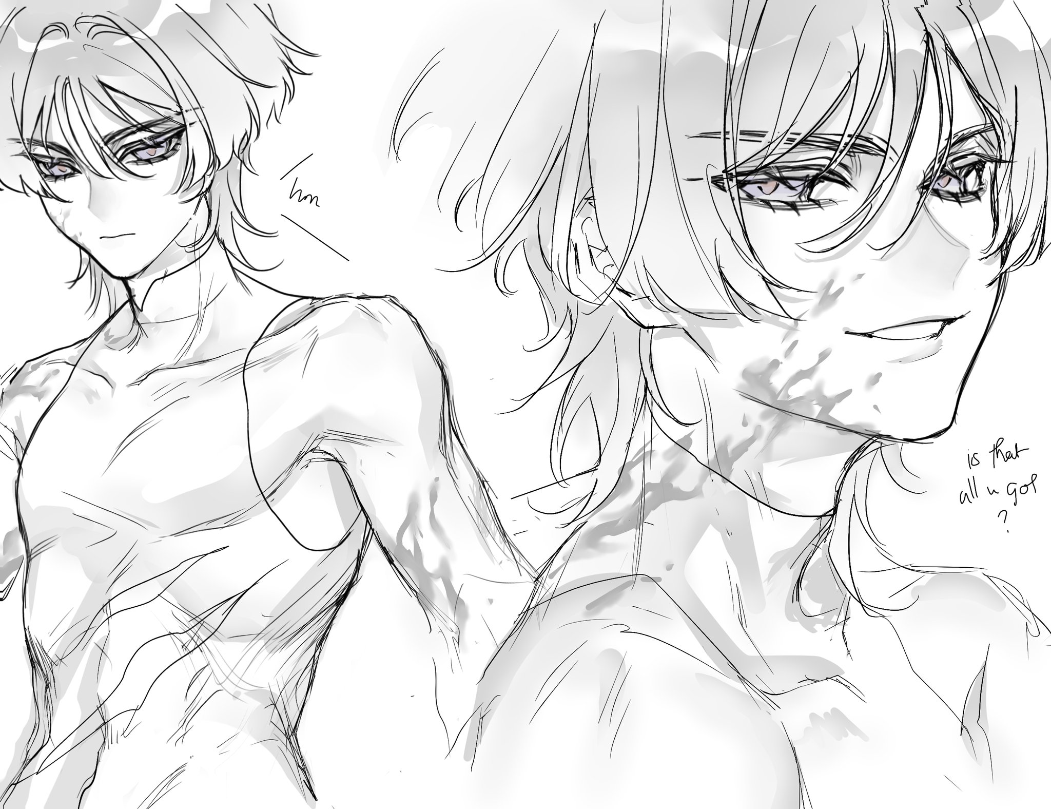 scaramouche (genshin impact), wanderer (genshin impact), genshin impact, highres, 1boy, adam's apple, bishounen, blunt ends, bodysuit, closed mouth, covered collarbone, covered navel, english text, eyelashes, greyscale, hacwss, hair between eyes, hair intakes, looking at viewer, male focus, mandarin collar, monochrome, multiple views, purple eyes, red pupils, sketch, sleeveless, sleeveless bodysuit, smirk, solo, spot color, toned, toned male, torn clothes, white background, wispy bangs