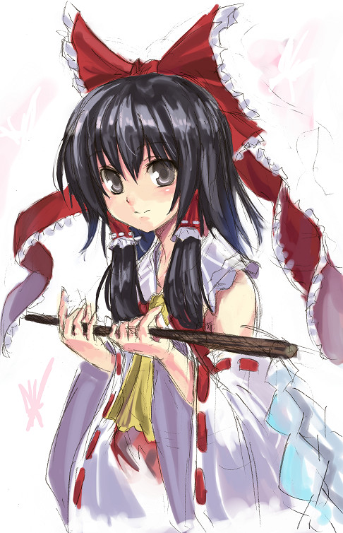 hakurei reimu, touhou, 1girl, black hair, bow, dress, female focus, frills, grey eyes, red bow, rod, solo