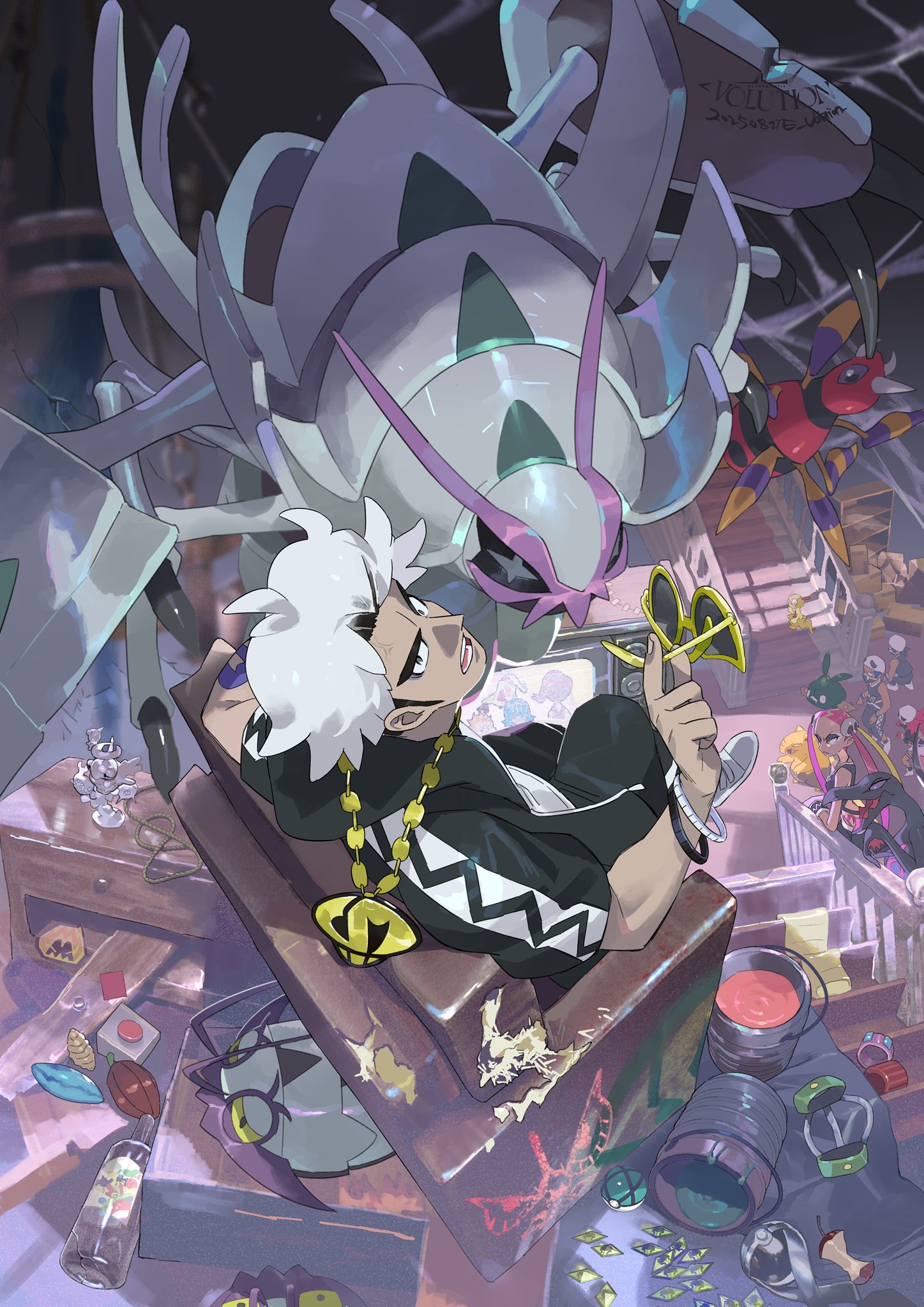 e volution, ariados, cascoon, drowzee, golisopod, guzma (pokemon), karrablast, masquerain, plumeria (pokemon), salazzle, scraggy, shedinja, team skull grunt, trubbish, weedle, wimpod, nintendo, pokemon, highres, asymmetrical eyewear, blonde hair, bug, gen 1 pokemon, gen 2 pokemon, gen 3 pokemon, gen 5 pokemon, gen 7 pokemon, grey hair, hood, hooded jacket, jacket, leftovers (pokemon), multicolored hair, net ball, pink hair, poke ball, pokemon (creature), team skull, team skull uniform, yellow-framed eyewear, z-crystal