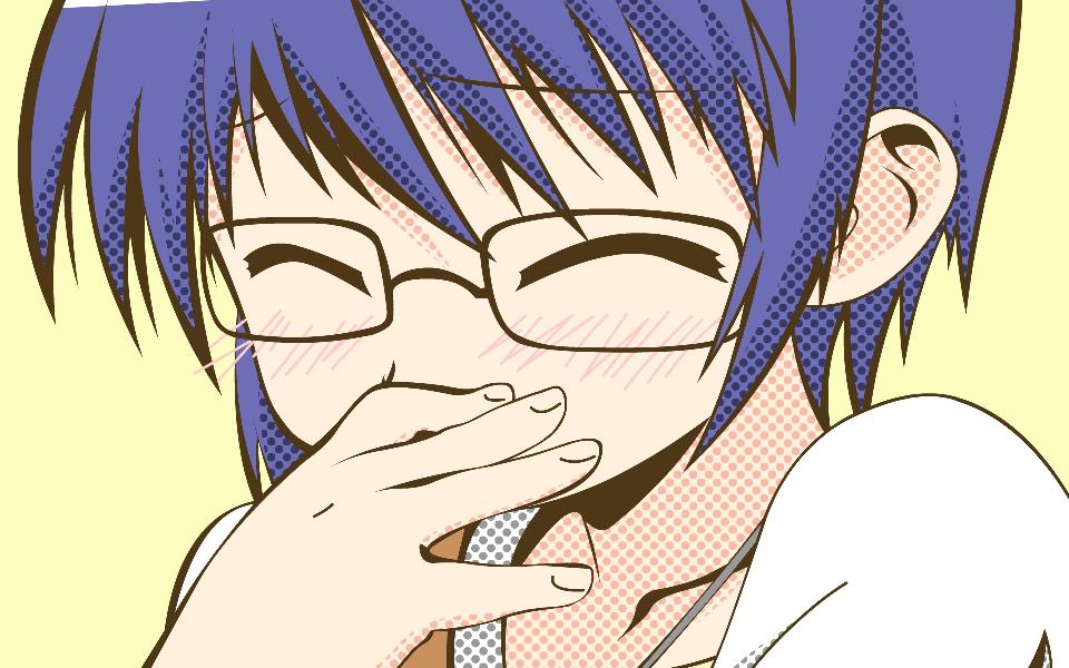 sae (hidamari sketch), hidamari sketch, 00s, blue hair, blush, closed eyes, glasses, short hair, solo